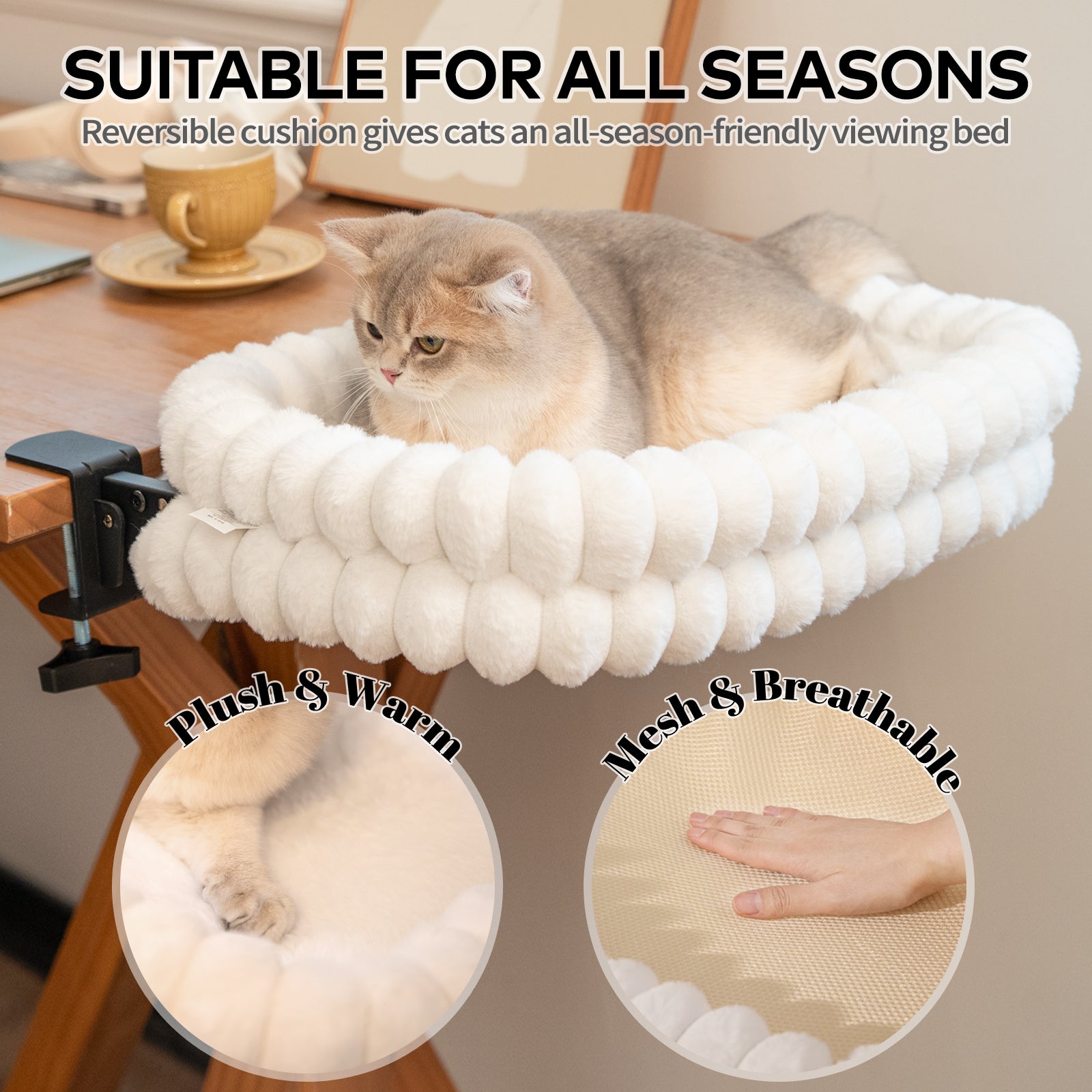 Cat Desk Bed with Reversible Cushion, 90°Foldable Cat Hammock for Desk Mounted Removable & Washable, Suitable for Medium-to-Large Cats and Puppy, Cloud Series