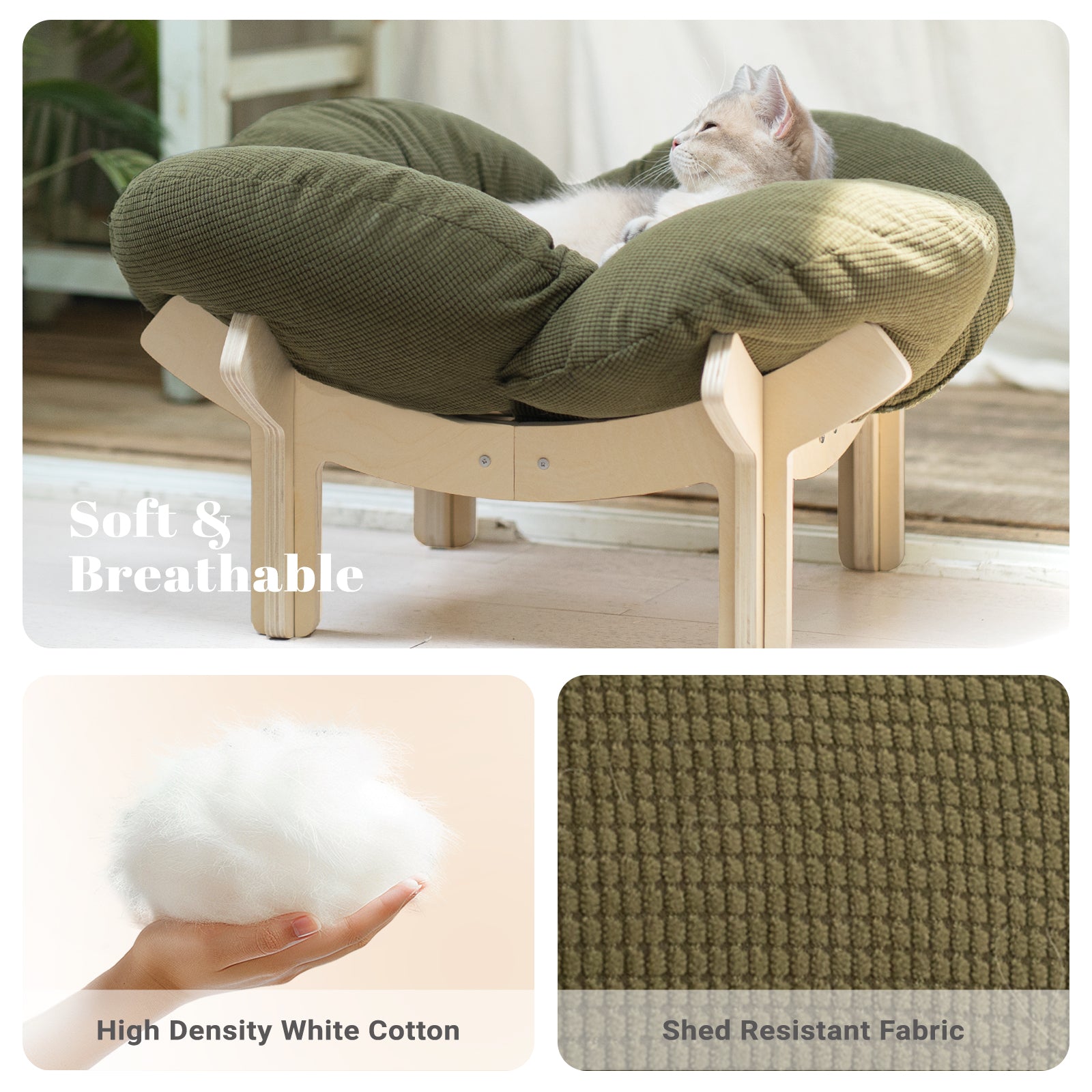 Elevated Flower Cat Bed Wooden with Cushion Fluffy Pet Couch Sofa for Indoor Cats Raised Kitty Lounge Chair Suitable for Puppy, Cat Furniture