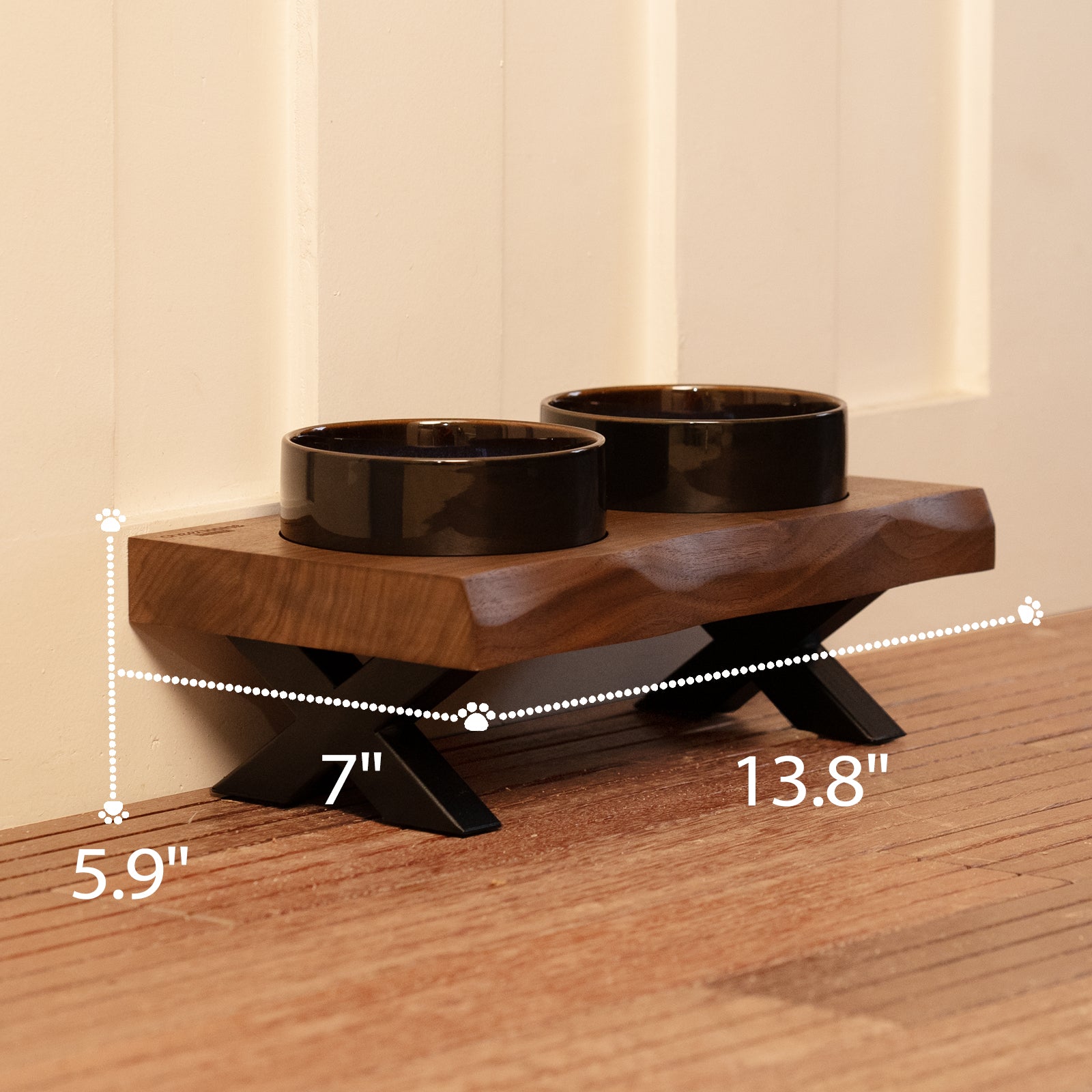Raised Cat Ceramic Bowls for Small and Medium Dog, Solid Wooden Dog Food Bowl with Stand, Food Feeding Dishes Water Bowl for Cats and Puppy