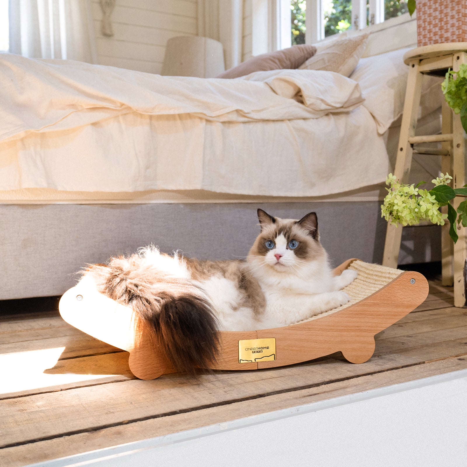 Sisal Cat Scratcher Bed for Indoor Cats Hammock for Scratching Pad Cat Chair Natural Sisal Scratch Post for Large Cats Scratcher Lounge, Wooden Cat Furniture